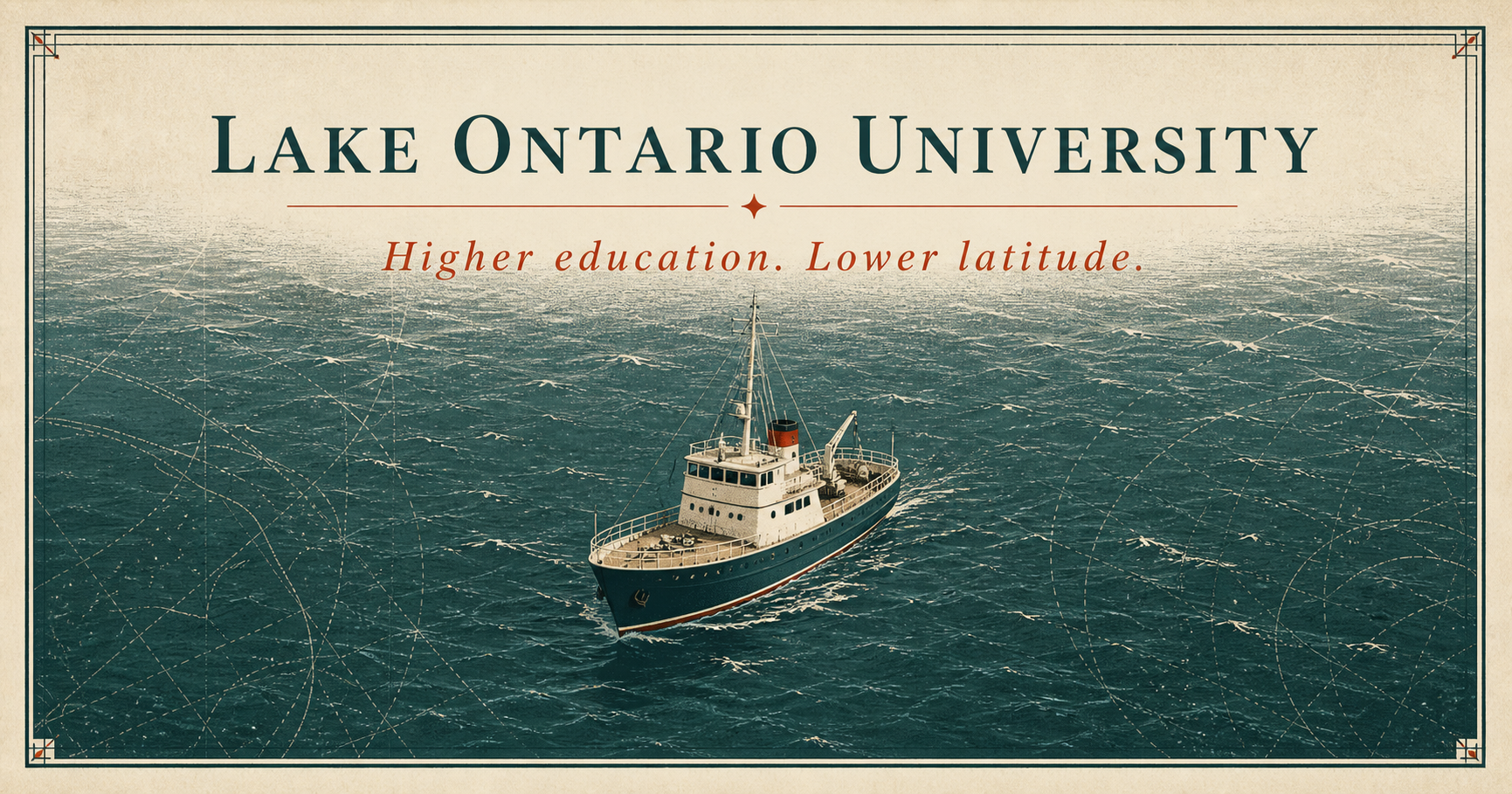 An academic vessel crossing Lake Ontario beneath the words Lake Ontario University